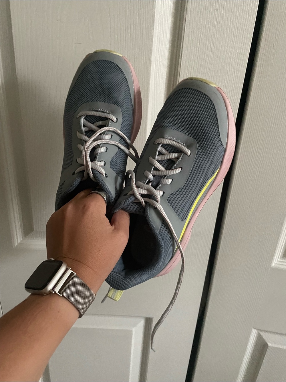 Women's Grey Athletic Sneakers with Pink Sole and Yellow Accent
